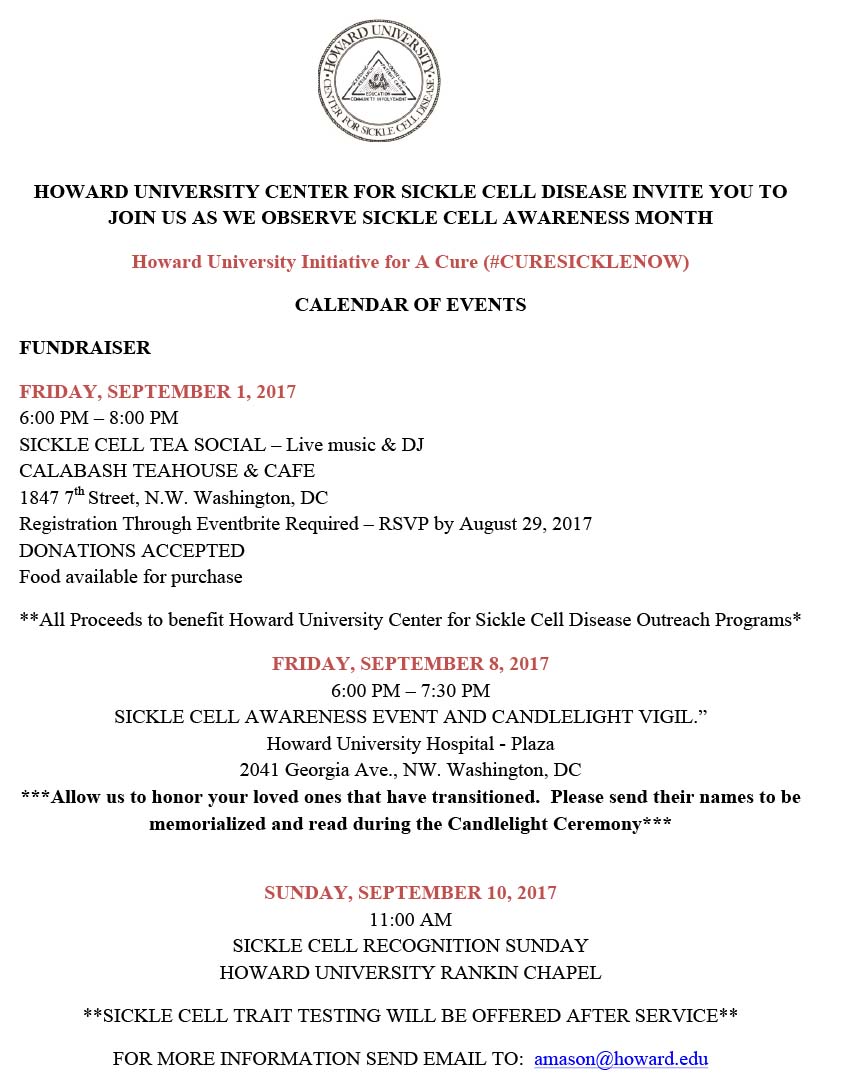 HOWARD UNIVERSITY CALENDAR OF EVENTS Sickle Cell Association of the